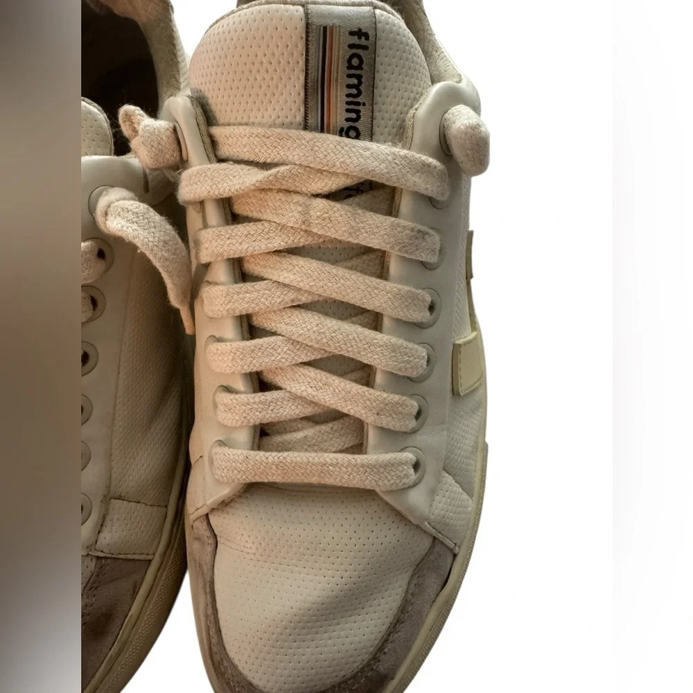 𝅺F- Flamingos Lite Coke White Vegan Distressed Initial Sneakers